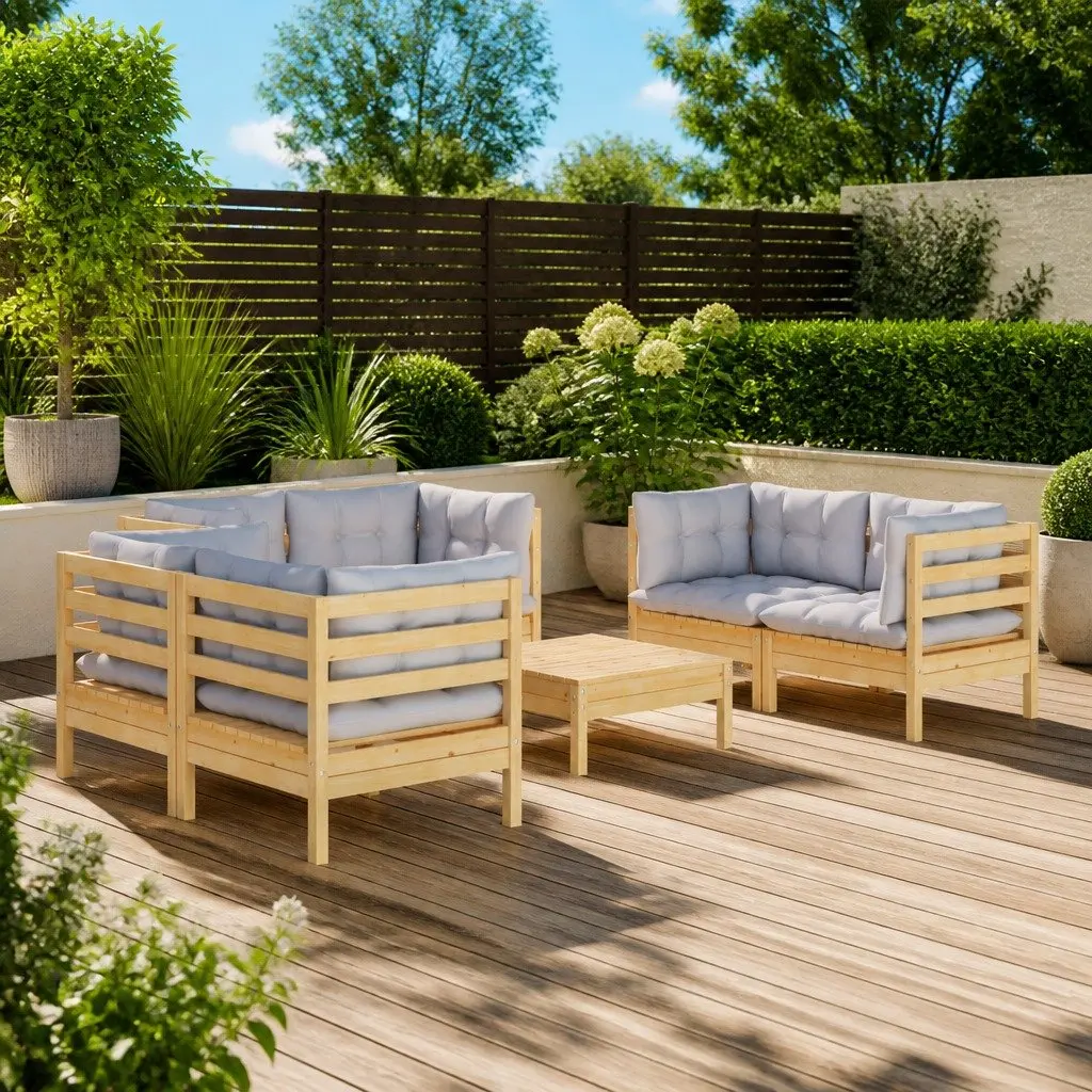 Garden Lounge Set 7 Piece Outdoor Patio Furniture with Grey Cushions Pinewood
