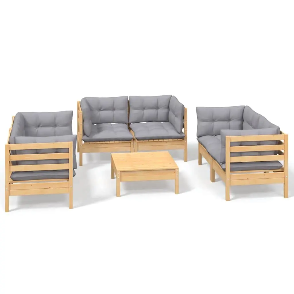 Garden Lounge Set 7 Piece Outdoor Patio Furniture with Grey Cushions Pinewood