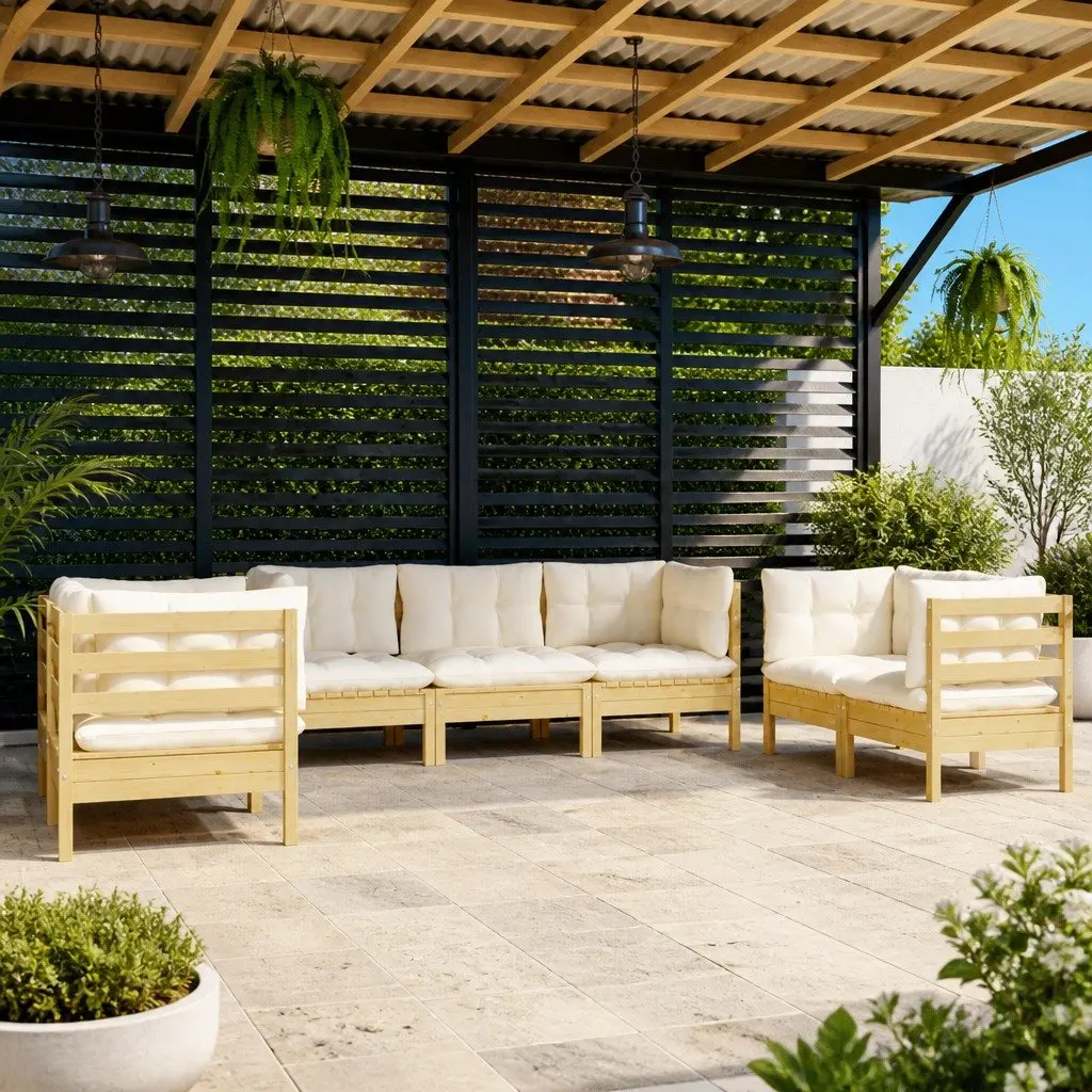 Garden Lounge Set 7 Piece Patio Furniture Solid Pinewood Cream Cushions Modular