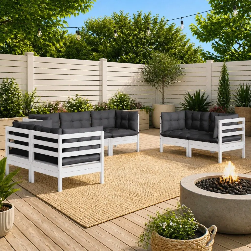 7 Piece Garden Lounge Set White Solid Pinewood Modular Outdoor Patio Furniture with Cushions