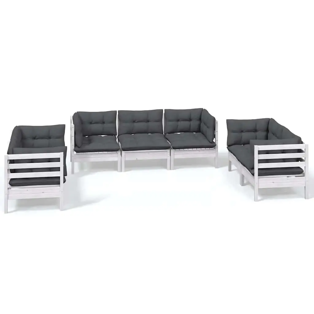 7 Piece Garden Lounge Set White Solid Pinewood Modular Outdoor Patio Furniture with Cushions