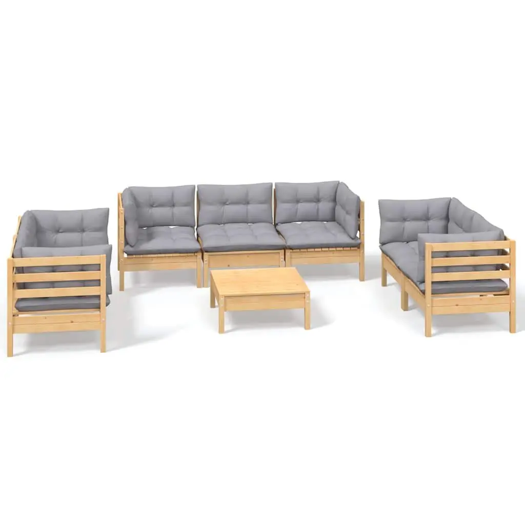 Garden Lounge Set 8 Piece Outdoor Furniture Grey Cushions Solid Pinewood Modular