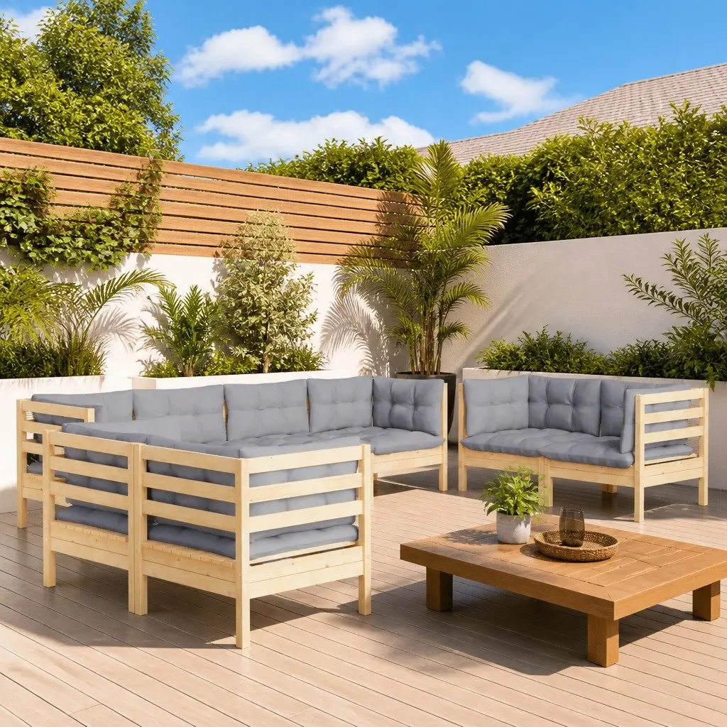 Garden Lounge Set 8 Piece Outdoor Patio Furniture with Grey Cushions Solid Wood