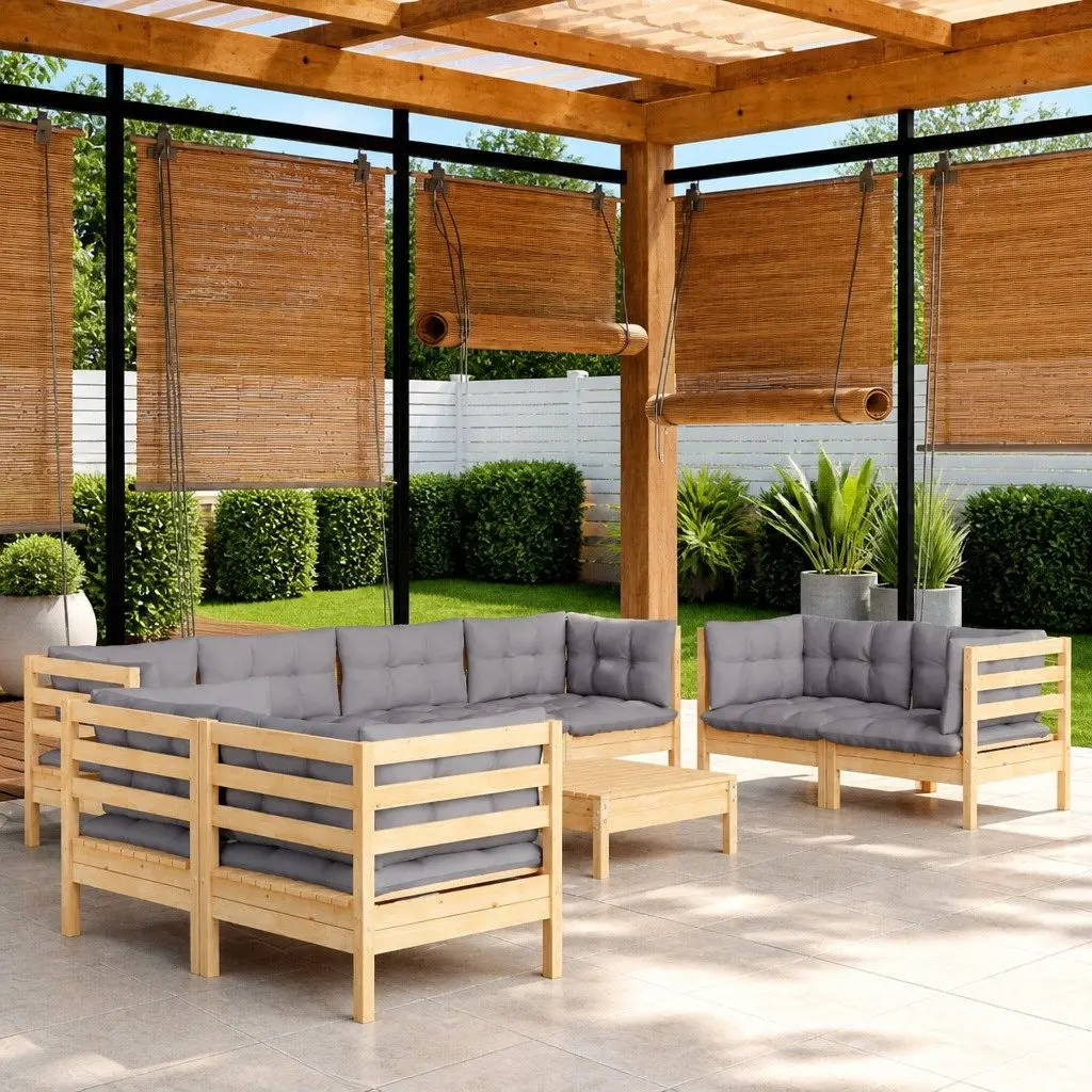 Garden Lounge Set 9 Piece Outdoor Patio Furniture Grey Cushions Modular Sofa