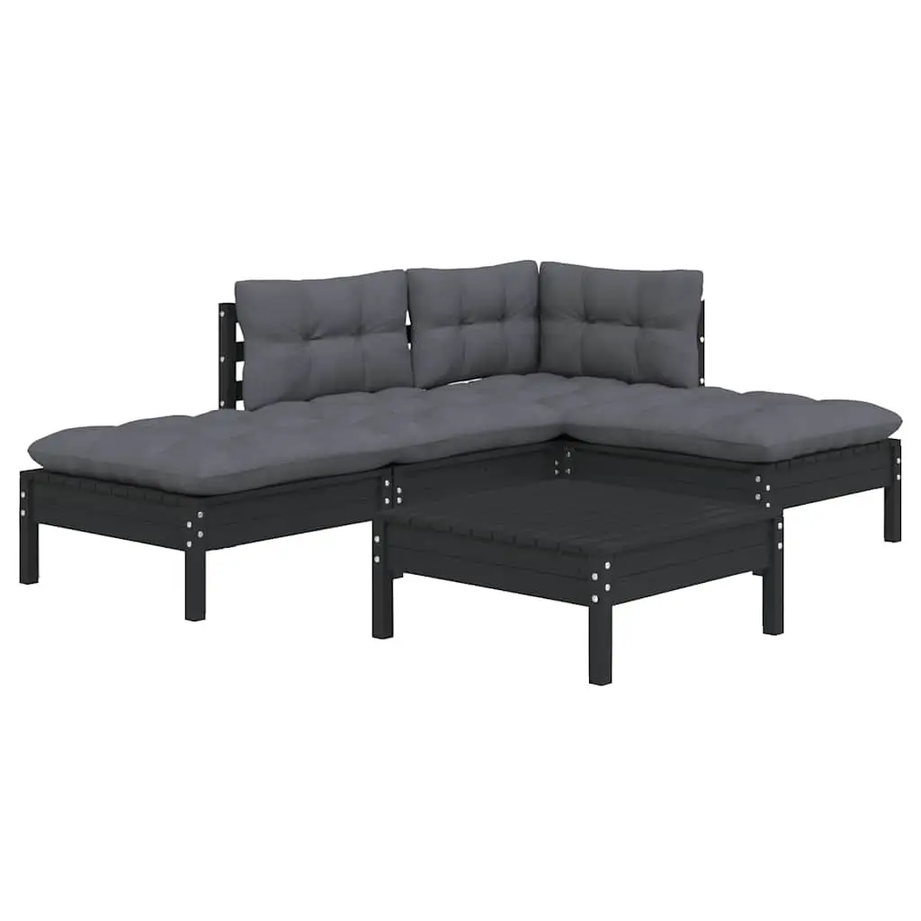 Garden Lounge Set 5 Piece Black Pinewood Patio Furniture with Cushions Modular