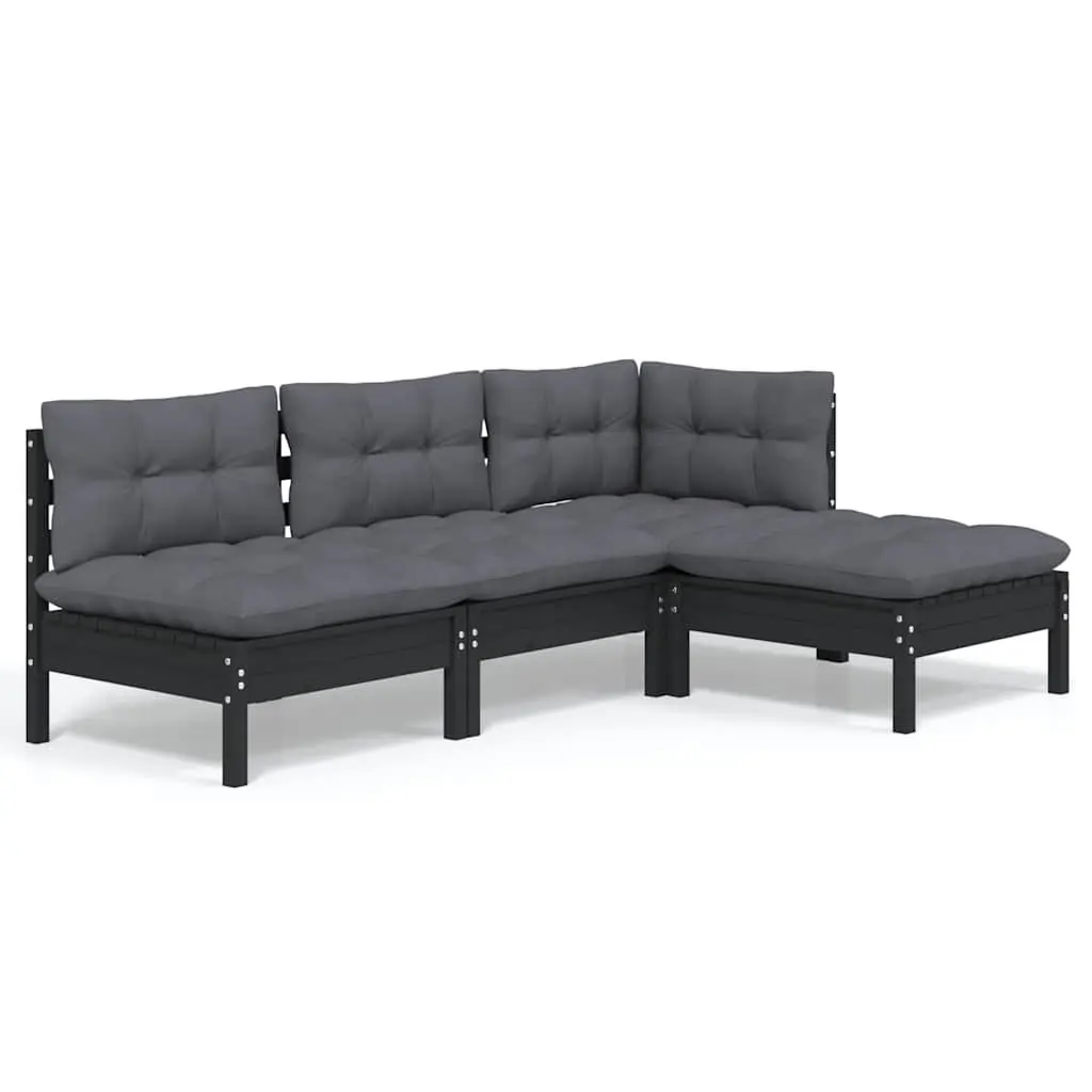 Garden Lounge Set 4 Piece Black Pinewood Patio Furniture with Cushions Outdoor
