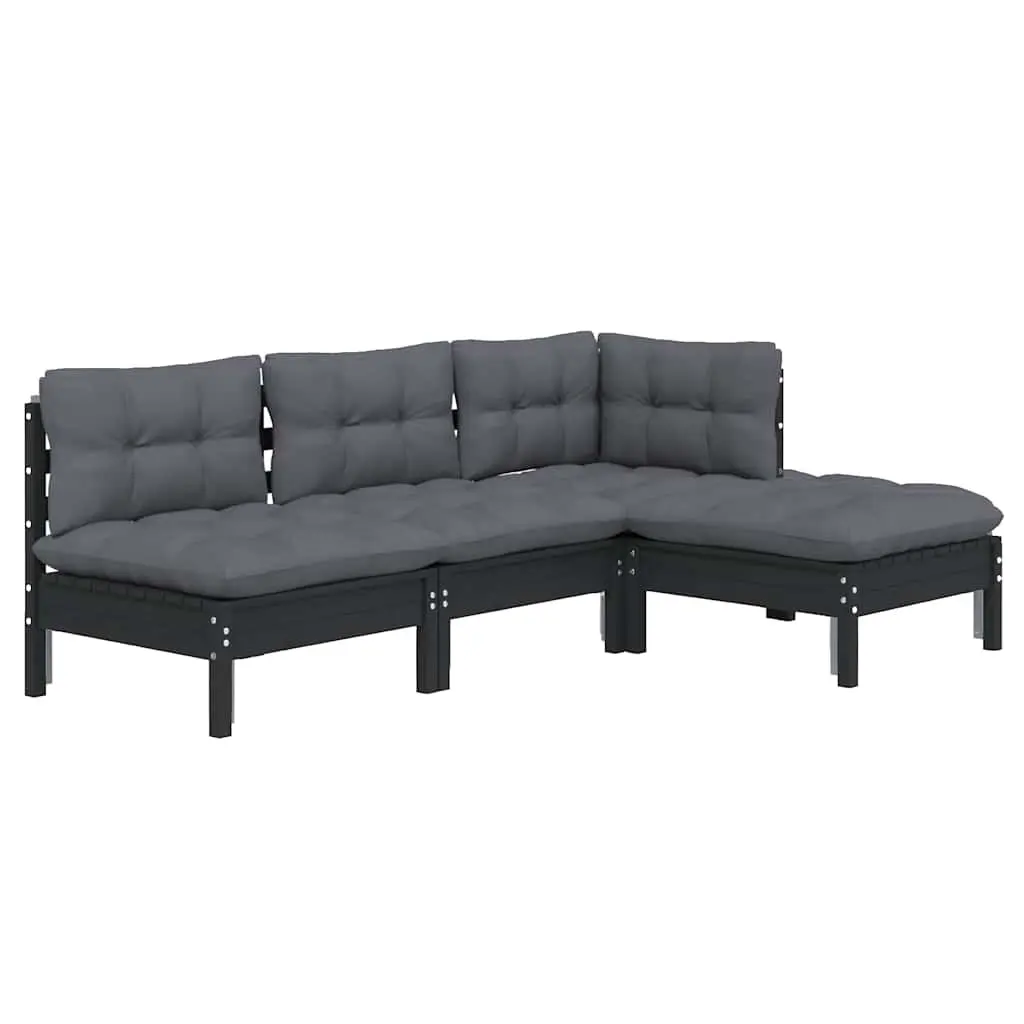 Garden Lounge Set 4 Piece Black Pinewood Patio Furniture with Cushions Outdoor