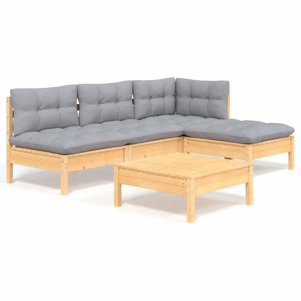 5 Piece Garden Lounge Set Pinewood Outdoor Patio Furniture with Grey Cushions