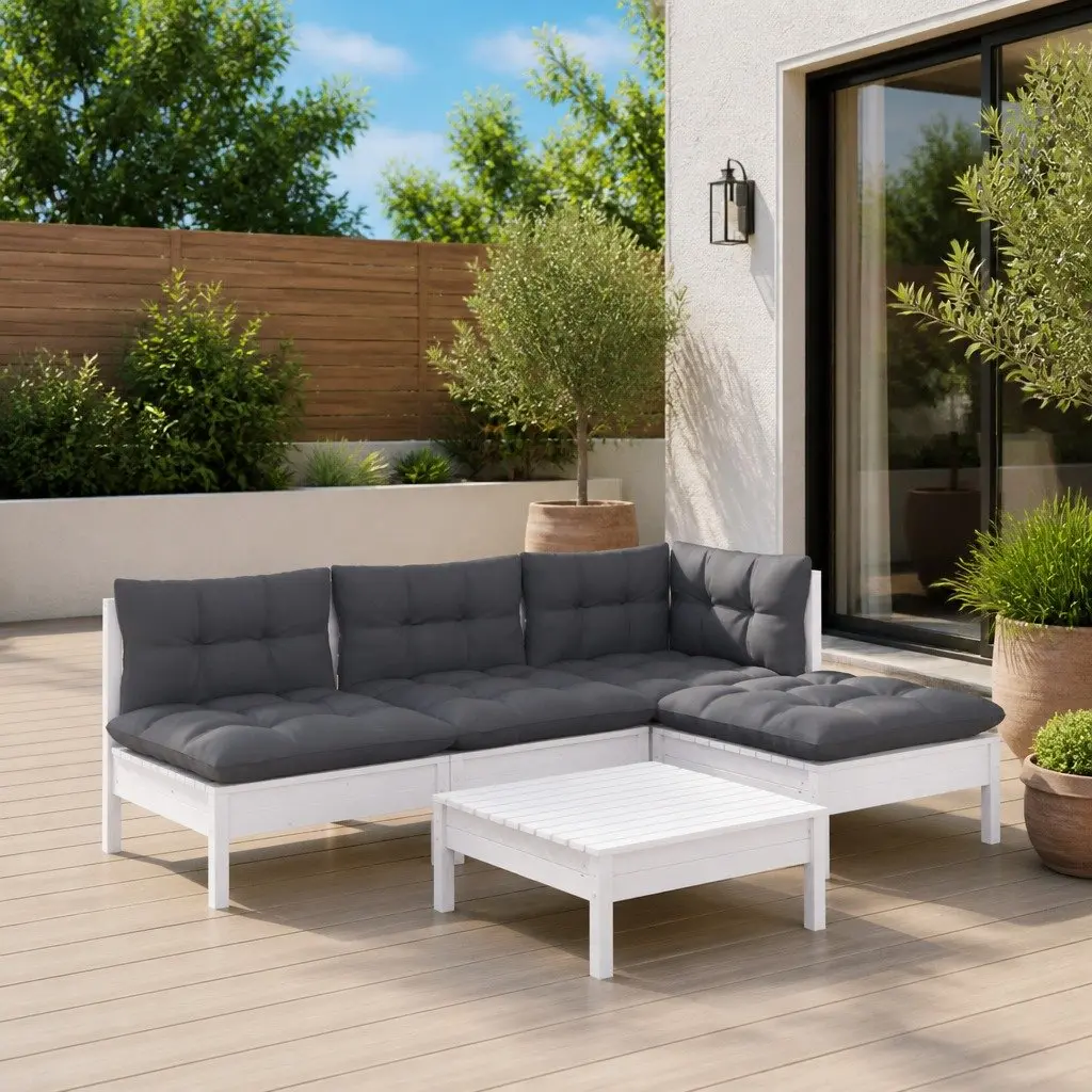 Garden Lounge Set White 5 Piece Pinewood Modular Patio Furniture with Cushions