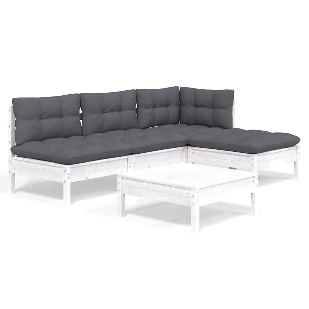 Garden Lounge Set White 5 Piece Pinewood Modular Patio Furniture with Cushions
