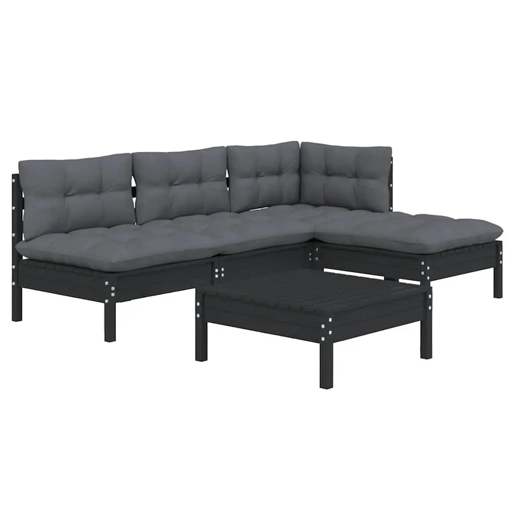 Garden Lounge Set 5 Piece Black Pinewood Outdoor Furniture Patio Seating with