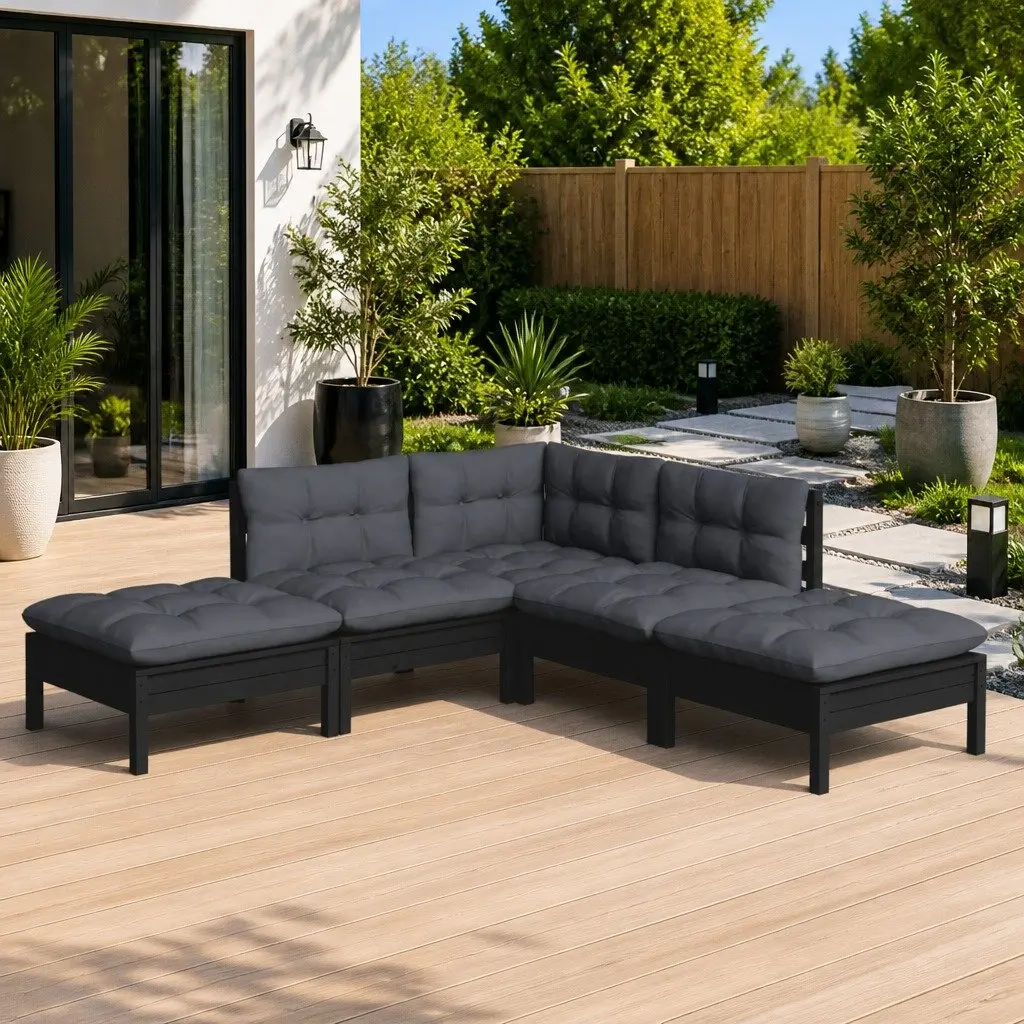 Garden Lounge Set Black 5 Piece Pinewood Outdoor Furniture with Cushions
