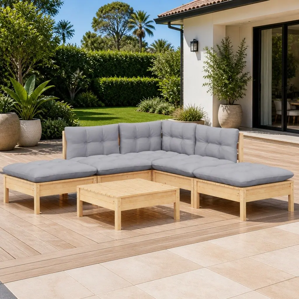 Garden Lounge Set 6 Piece Wooden Patio Furniture Grey Cushions Modular