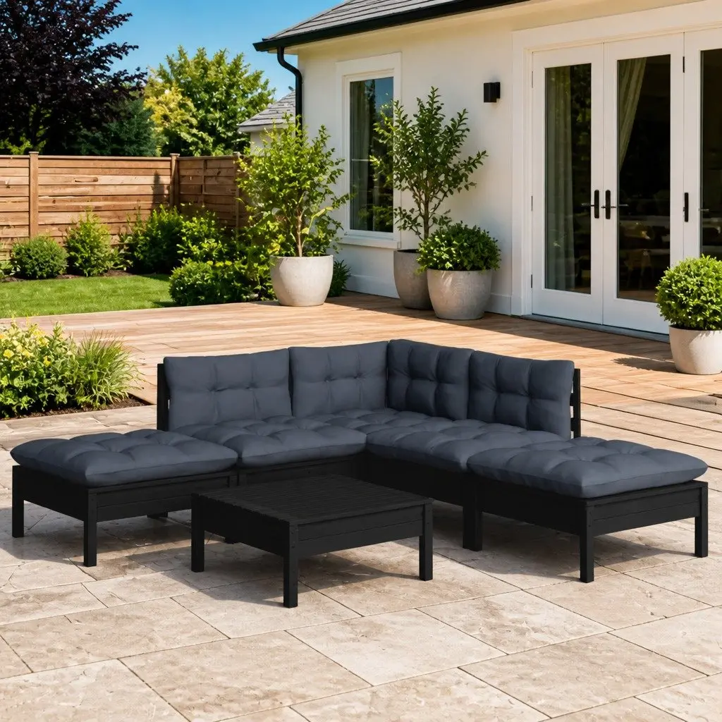 Garden Lounge Set 6 Piece Black Pinewood Outdoor Furniture with Cushions Patio