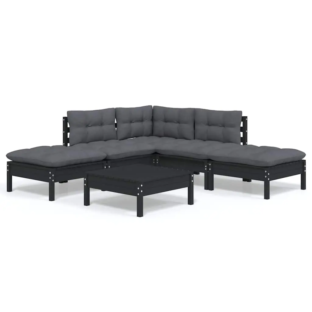 Garden Lounge Set 6 Piece Black Pinewood Outdoor Furniture with Cushions Patio