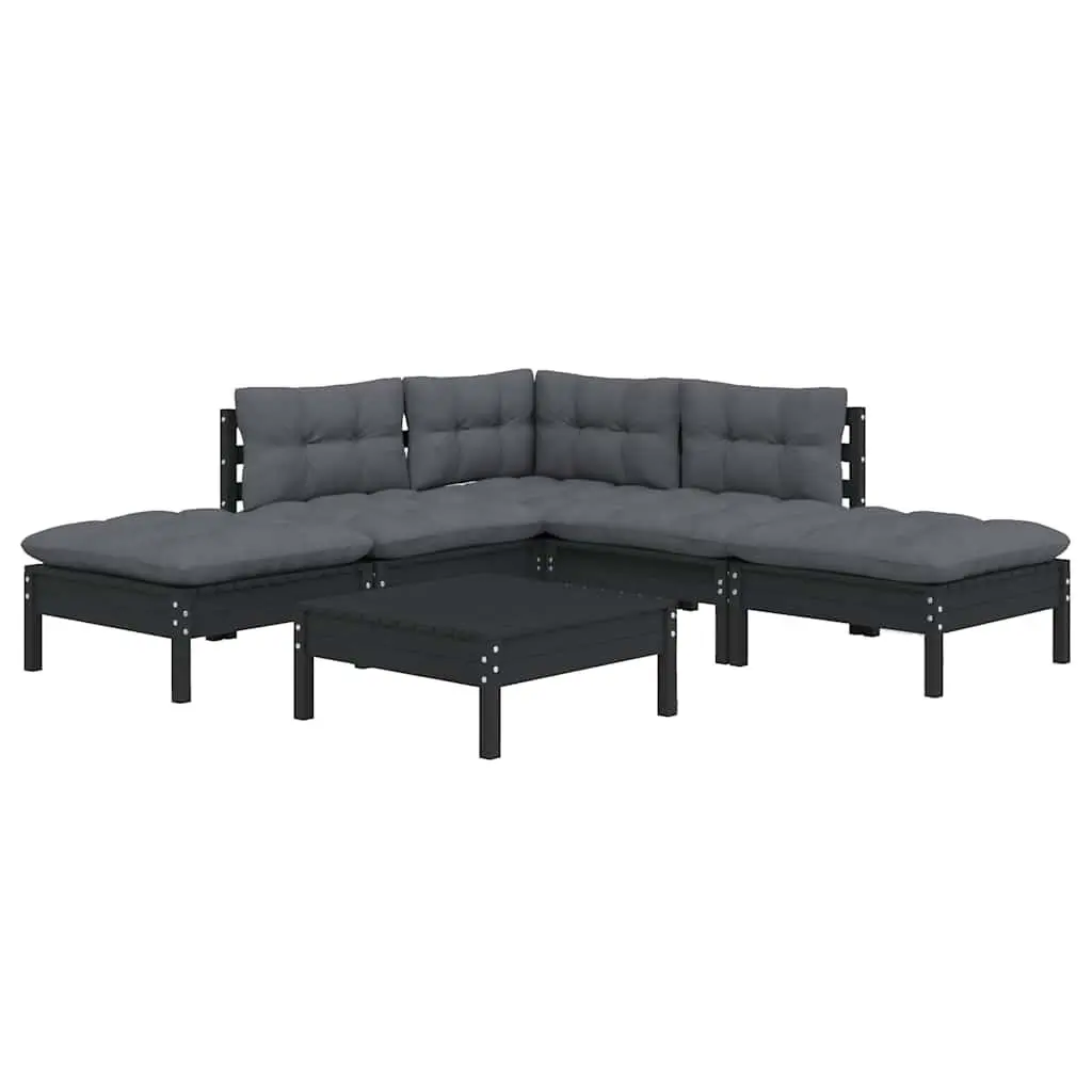 Garden Lounge Set 6 Piece Black Pinewood Outdoor Furniture with Cushions Patio