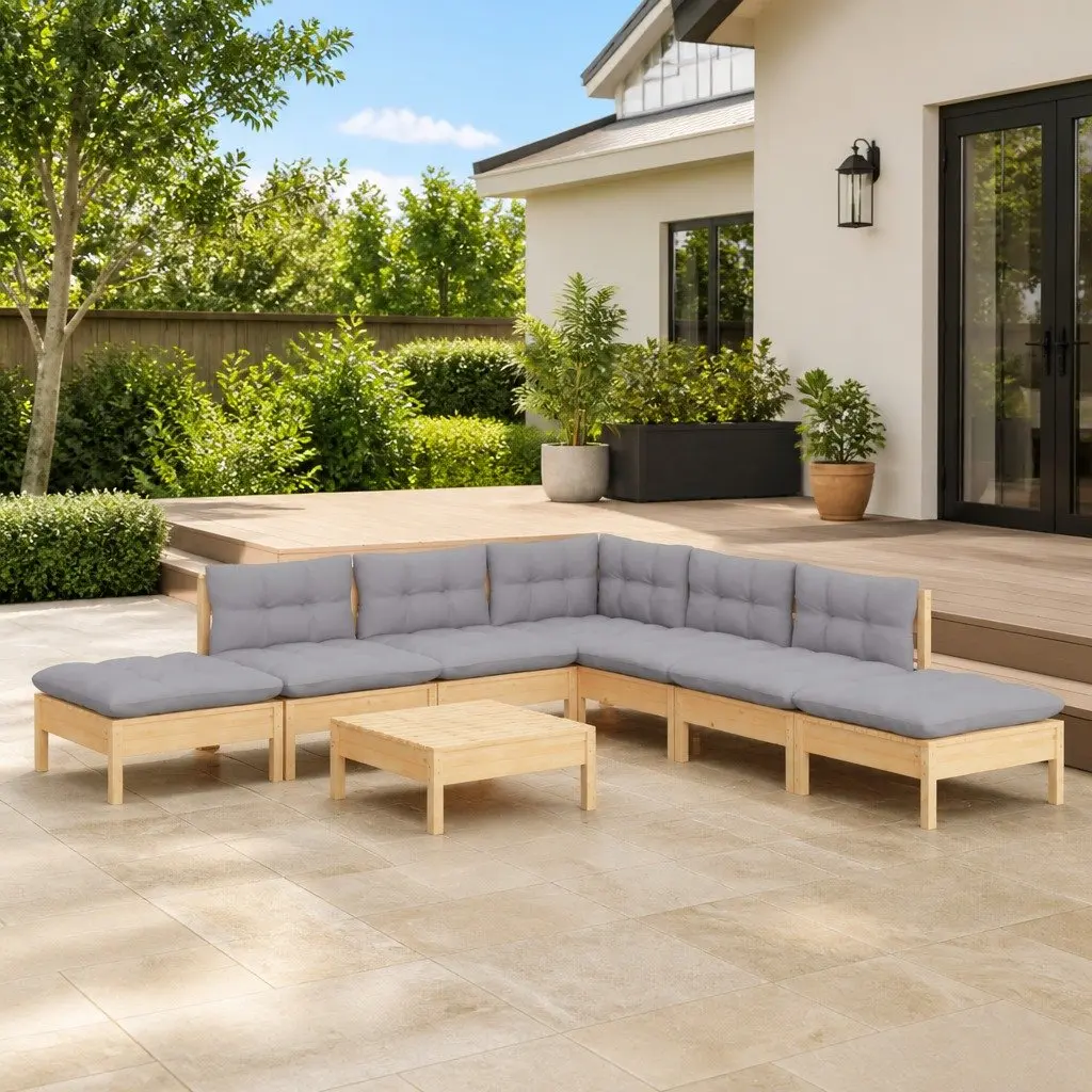 Garden Lounge Set Grey 8 Piece Outdoor Furniture Pinewood Cushions