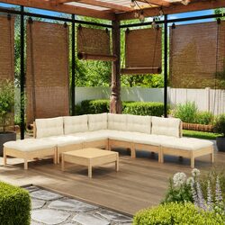 Solid Pinewood Lounge Set - 8 Pieces with Cream Cushions