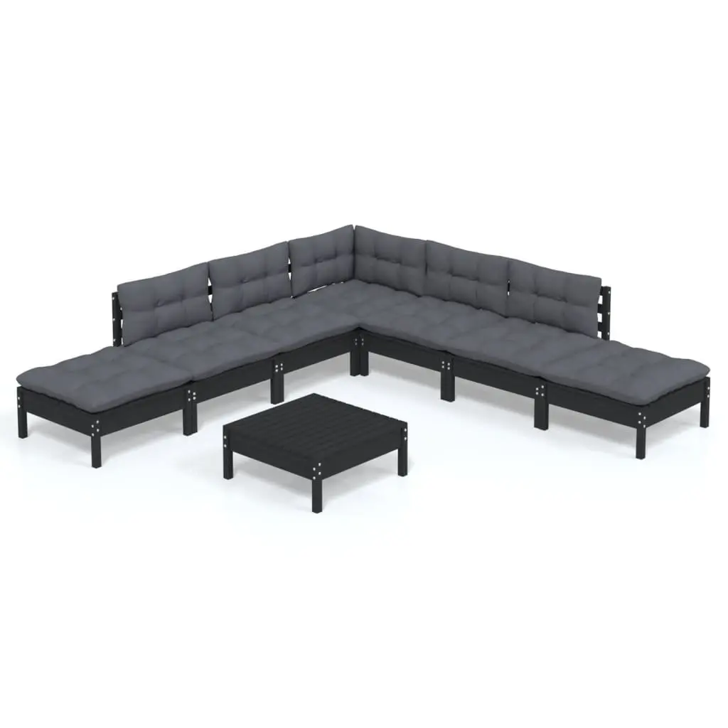 8 Piece Garden Lounge Set Black Pinewood Outdoor Furniture with Cushions Patio