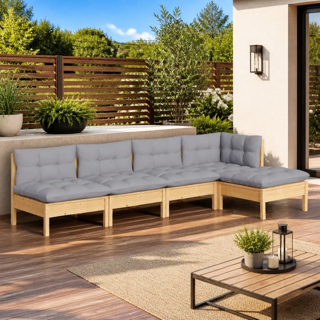 Garden Lounge Set Grey 5 Piece Outdoor Patio Furniture Pinewood Construction