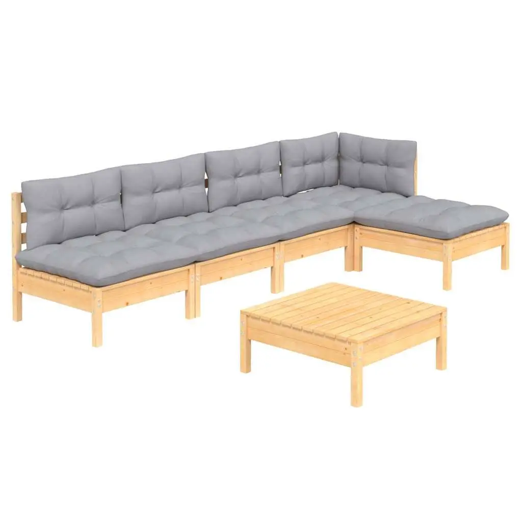 Garden Lounge Set 6 Piece Outdoor Furniture Patio Pinewood with Grey Cushions