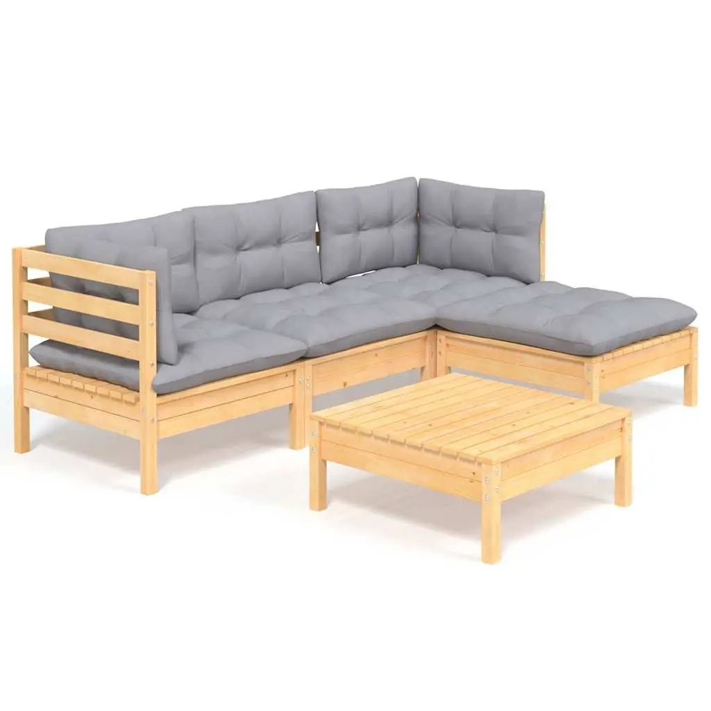 Garden Lounge Set 5 Piece Outdoor Patio Furniture Grey Cushions Pinewood