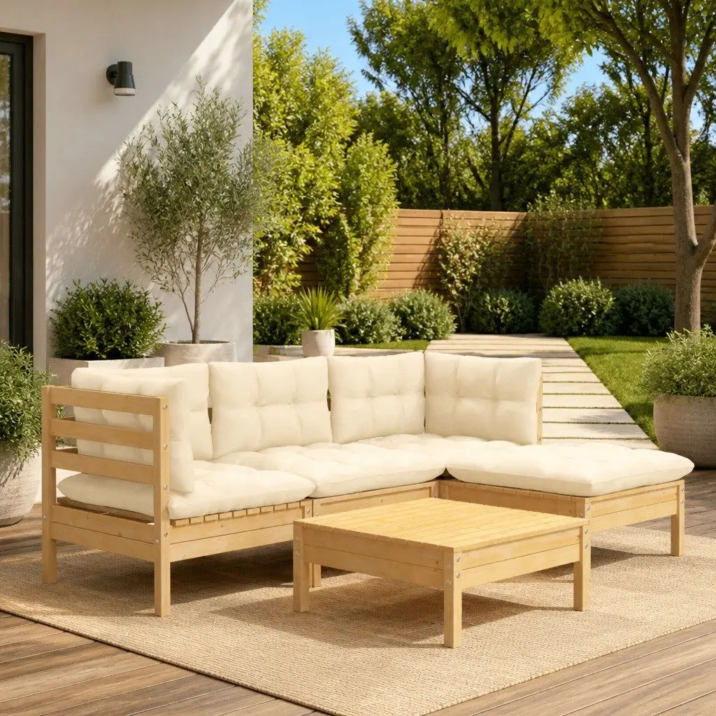 5 Piece Outdoor Garden Lounge Set Cream Cushions Modular Solid Pinewood