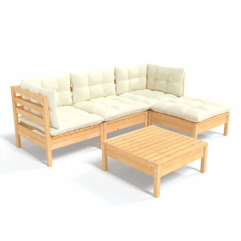 5 Piece Outdoor Garden Lounge Set Cream Cushions Modular Solid Pinewood