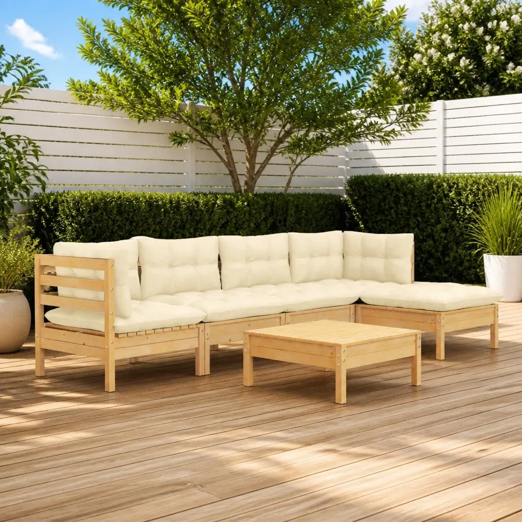 Garden Lounge Set 6 Piece Wooden Patio Furniture with Cream Cushions Outdoor