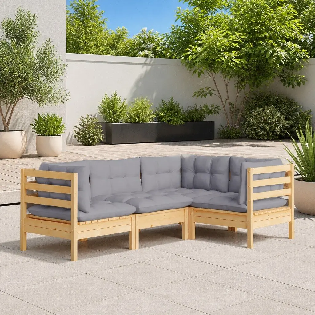 4 Piece Garden Lounge Set Grey Pinewood Outdoor Patio Furniture with Cushions
