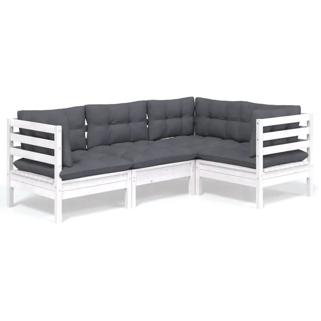 Garden Lounge Set White 4 Piece Pinewood Outdoor Furniture with Cushions