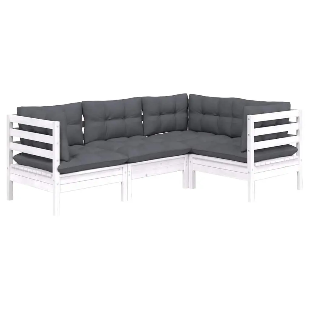 Garden Lounge Set White 4 Piece Pinewood Outdoor Furniture with Cushions
