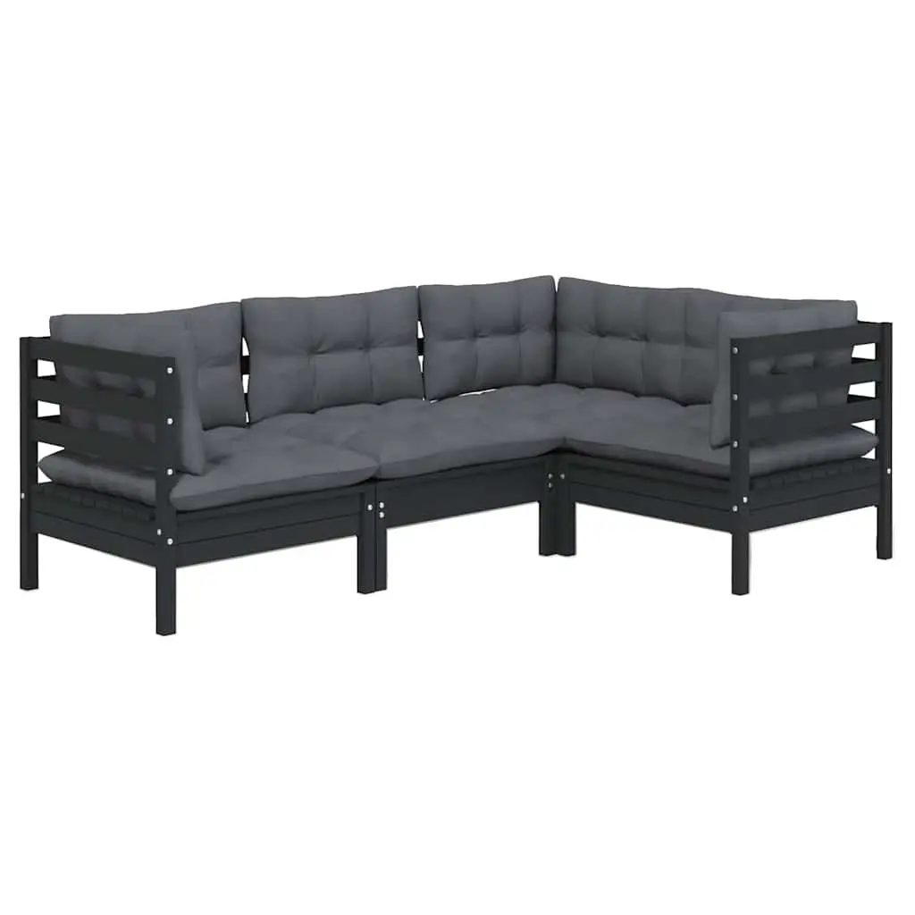 Garden Lounge Set Black 4 Piece Outdoor Patio Furniture Solid Pinewood with Cushions