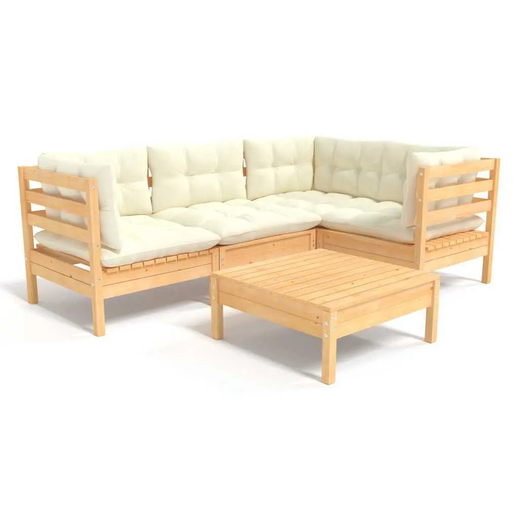 Outdoor Garden Lounge Set 5 Piece Wooden Patio Furniture with Cream Cushions