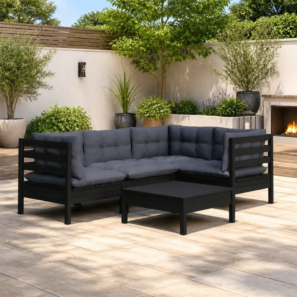 Garden Lounge Set Black 5 Piece Solid Pinewood Outdoor Patio Furniture with Cushions