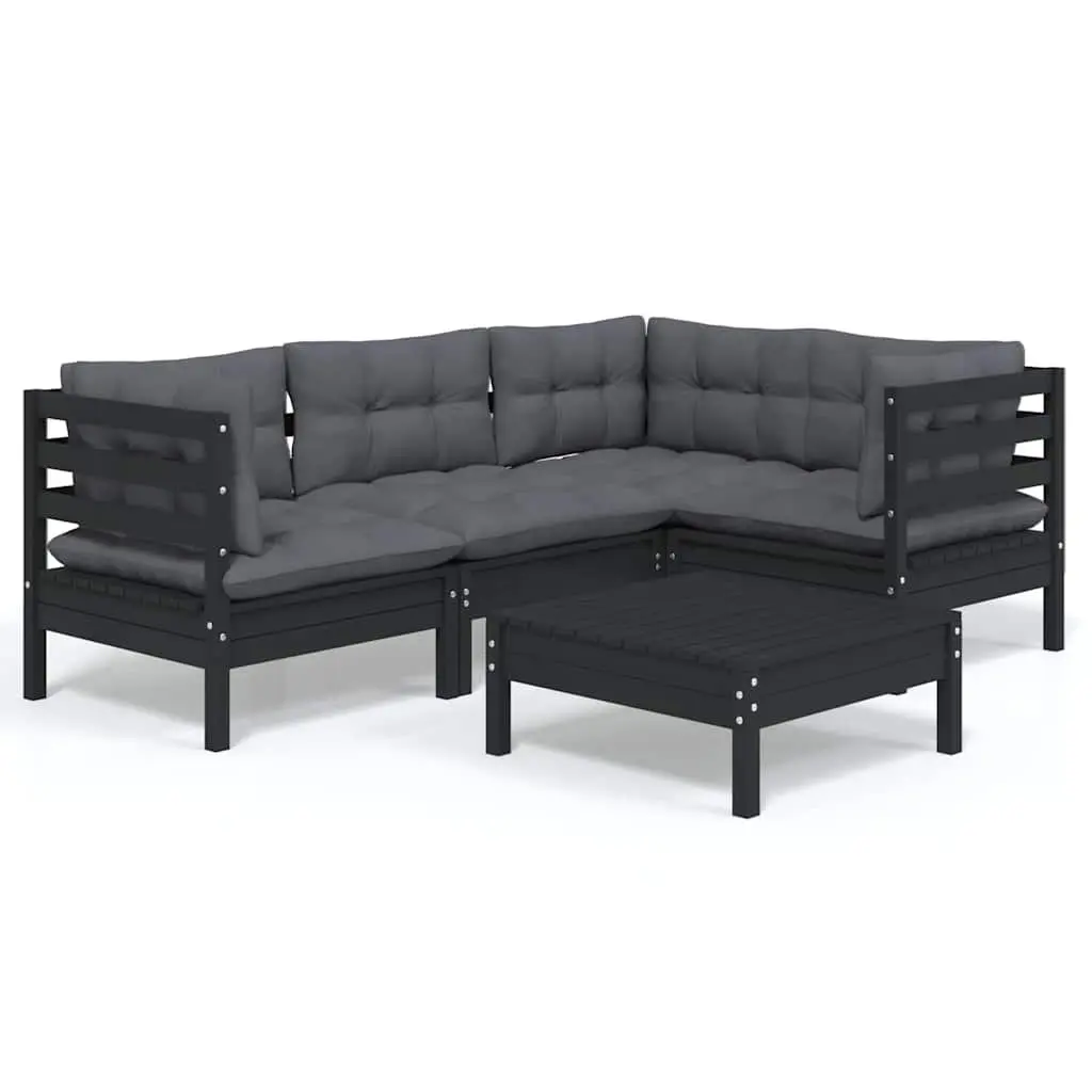 Garden Lounge Set Black 5 Piece Solid Pinewood Outdoor Patio Furniture with Cushions