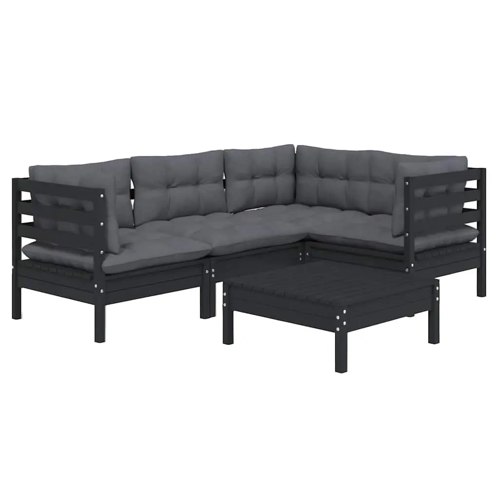 Garden Lounge Set Black 5 Piece Solid Pinewood Outdoor Patio Furniture with Cushions