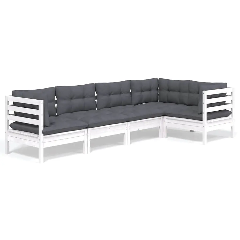 Garden Lounge Set White 5 Piece Pinewood Outdoor Furniture with Cushions