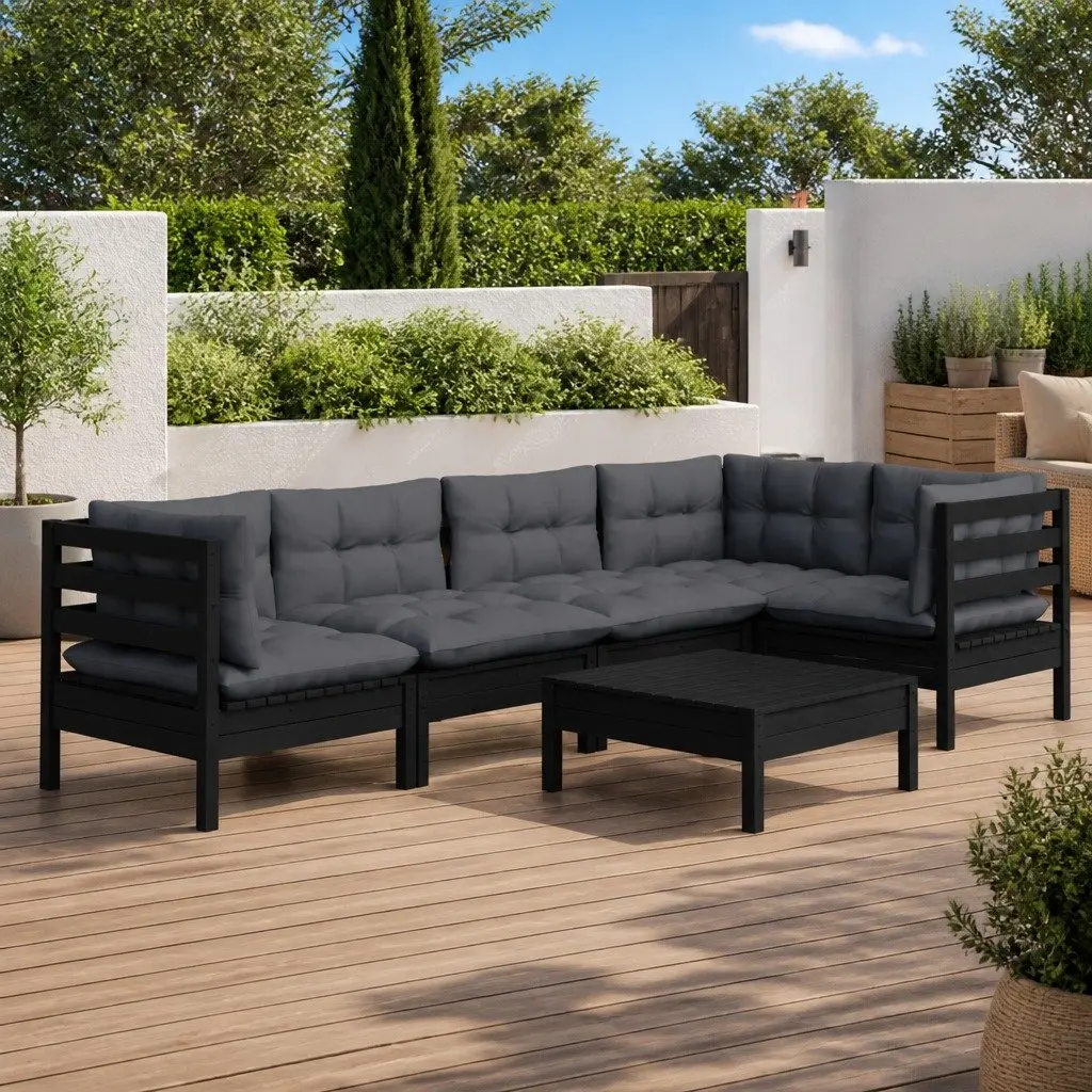 6 Piece Garden Lounge Set with Cushions Black Pinewood Patio Furniture