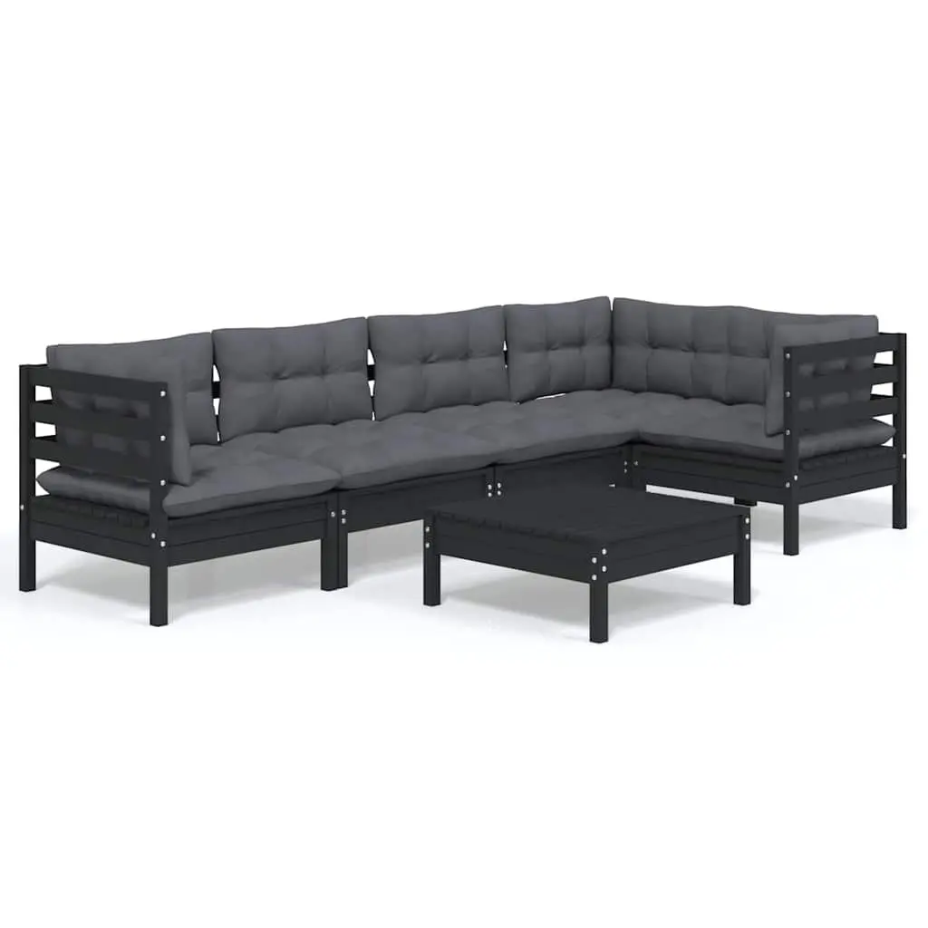 6 Piece Garden Lounge Set with Cushions Black Pinewood Patio Furniture