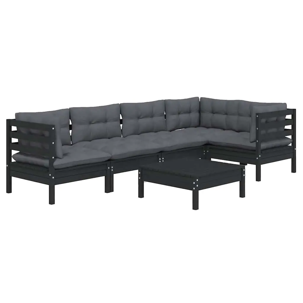 6 Piece Garden Lounge Set with Cushions Black Pinewood Patio Furniture