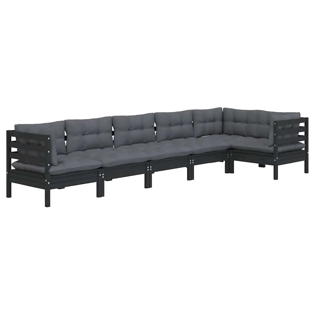 Garden Lounge Set Black 6 Piece Solid Pinewood Outdoor Patio Furniture with Cushions