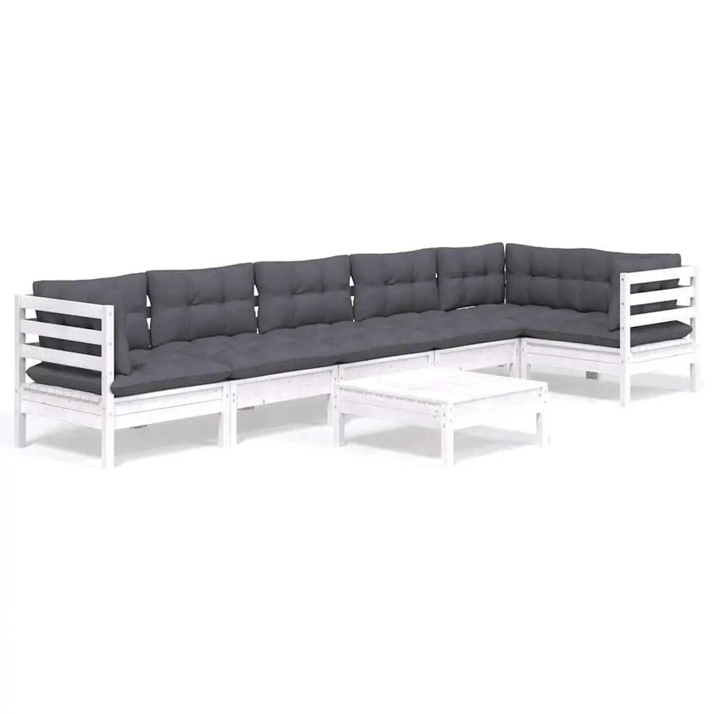 7 Piece Garden Lounge Set White Pinewood Outdoor Furniture with Cushions Patio