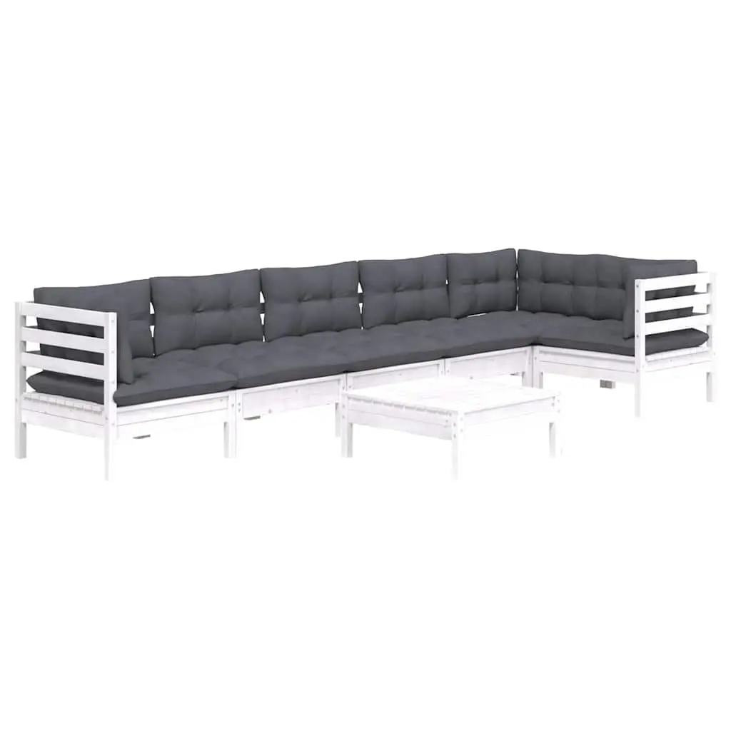 7 Piece Garden Lounge Set White Pinewood Outdoor Furniture with Cushions Patio
