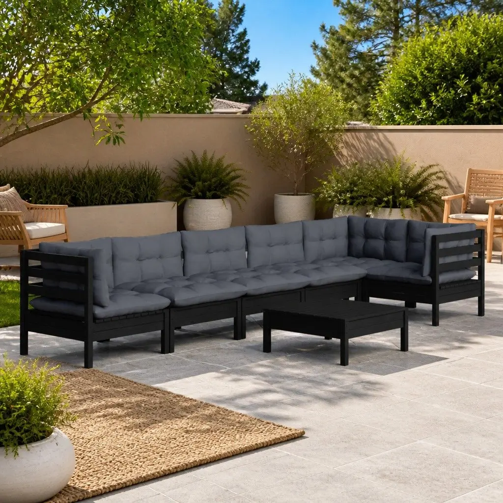 Garden Lounge Set Black 7 Piece Pinewood Outdoor Furniture with Cushions