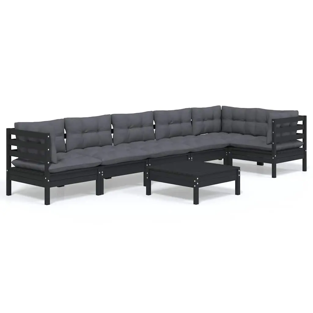 Garden Lounge Set Black 7 Piece Pinewood Outdoor Furniture with Cushions