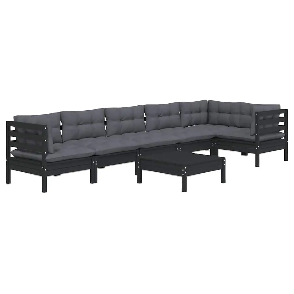 Garden Lounge Set Black 7 Piece Pinewood Outdoor Furniture with Cushions