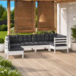 Garden Lounge Set 6 Piece White Pinewood Outdoor Furniture with Cushions