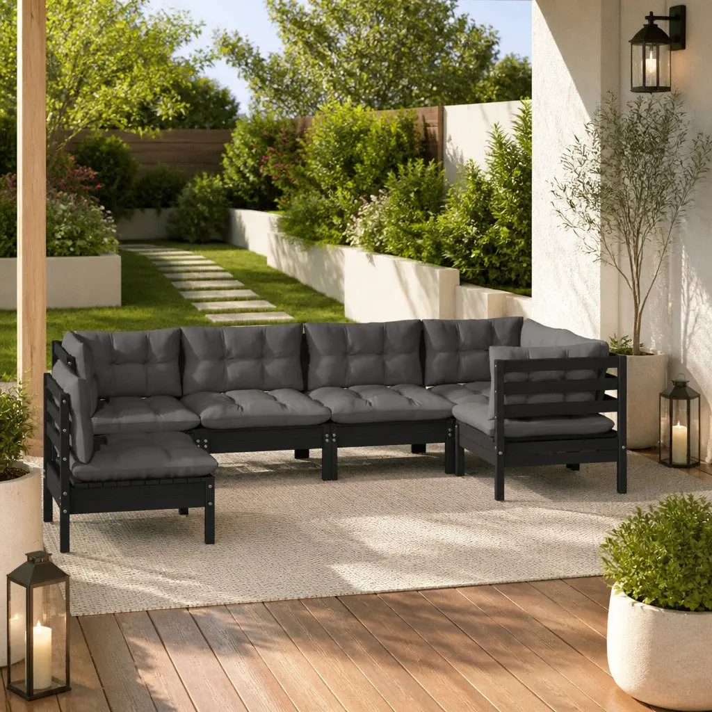 Garden Lounge Set Black 6 Piece Outdoor Patio Furniture Pinewood with Cushions