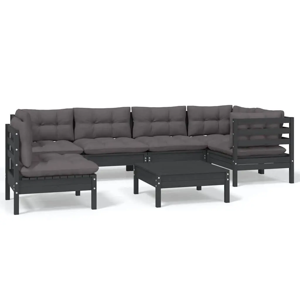7 Piece Garden Lounge Set Black Outdoor Patio Furniture with Cushions Pinewood